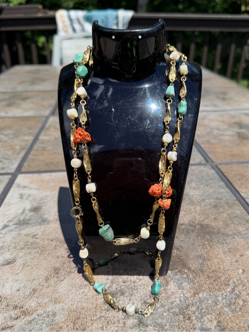 Vintage Gold-Tone Guilt Long Necklace with Turquoise & Coral